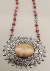 Vtg Bonnie J Beaded Statement Necklace Red Glass Medallion Pendant Silver Tone