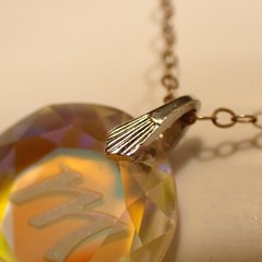 Vintage Iridescent Glass M Pendant Necklace Silver Tone Chain Choker Length 39cm