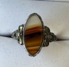 Antique 10k Yellow Gold & Sterling Banded Agate Marquis Navette Ring