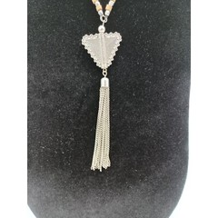 Vtg Wood Beads & Metal Triangle Geometric Pendant w Tassel Silver Chain 17.5″