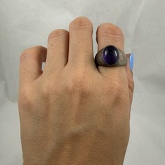 Vintage Sterling Silver 925 Cabochon Amethyst Ring Carved Inscribed Stone 8.5