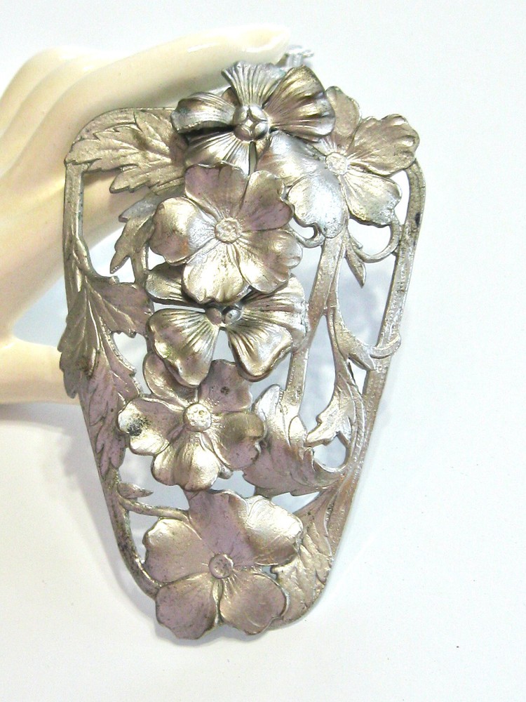 BIG VINTAGE FLORAL DRESS CLIP SILVER METAL LAYERED POPPY FLOWERS FANCY BACK R