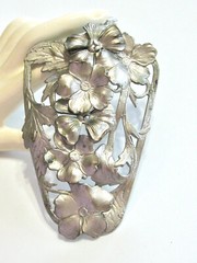 BIG VINTAGE FLORAL DRESS CLIP SILVER METAL LAYERED POPPY FLOWERS FANCY BACK R