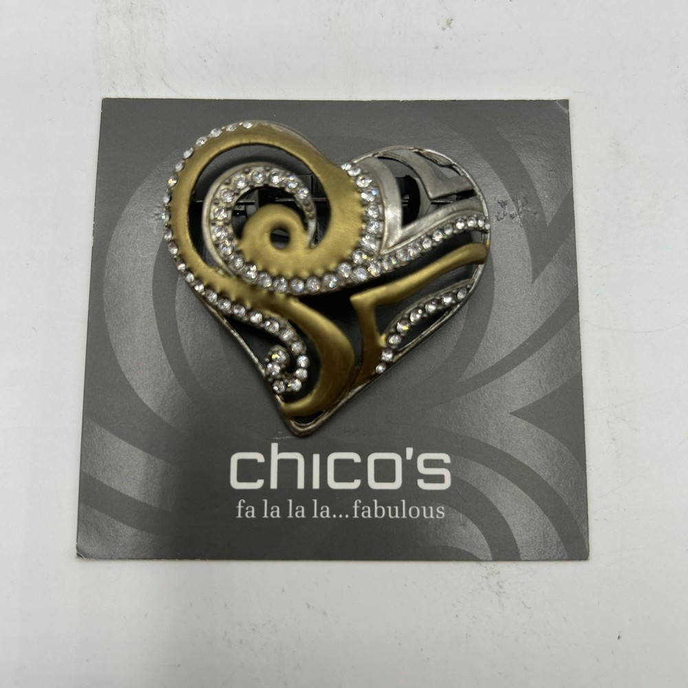 New Chico’s Have a Heart Brooch Pin Silvertone, Goldtone Rhinestones 2008