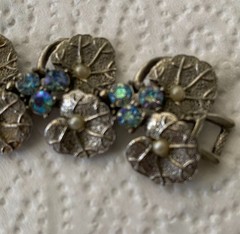 Vintage ArtDeco Bracelet & Clip Earrings Silvertone AB Rhinestones & faux Pearls