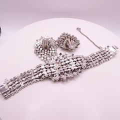 Vintage Rhinestone Waterfall Wide Bracelet Earring Set Silver Tone Glamorous