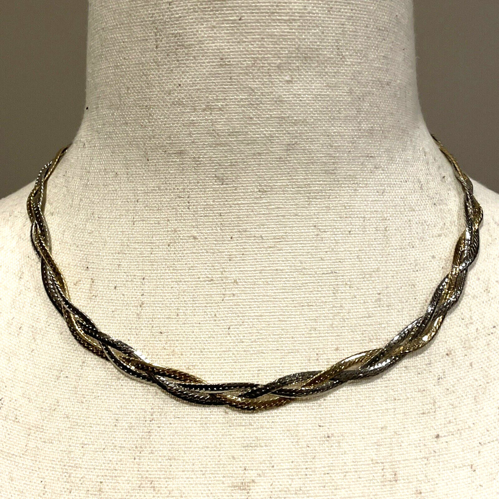 Vintage Medici Signed Two Tone Gold & Silver Braided 16″ Chain Necklace