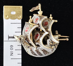 Vintage Damascene Spanish Galleon Ship Brooch Red Enamel Details Signed 1.5″