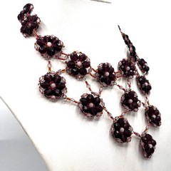 VintagPurple Pink Beaded Flower Bib Necklace Floral Garden Party Necklace 15-21″