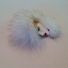 Vintage 1980’s Art Deco Style Lady Profile Brooch Fur Mohawk White Face Eyeliner