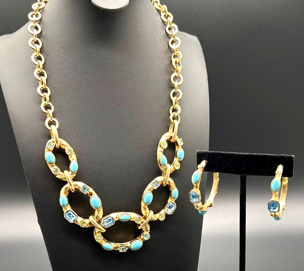 RJ Graziano Vintage Turquoise Blue Topaz Crystal Gold Tone Necklace Hoop Earring