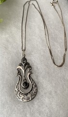 Vintage Sterling Silver Bohemian Revival Large Onyx Pendant 20” Necklace