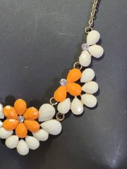 BIB Gold tone Orange & Cream with Rhinestones Scoop Necklace Vintage 70s