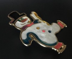 Snowman Ice Skating Christmas Winter Pin Gold Tone Metal & Enamel Vintage