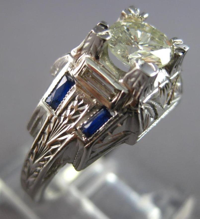 ANTIQUE LARGE ART DECO .99CT DIAMOND & AAA SAPPHIRE 18KT WHITE GOLD RING #27559