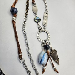 Silver Boho Pendant Necklace Cord Mixed Metals Beaded Arrow Head Stone Charms