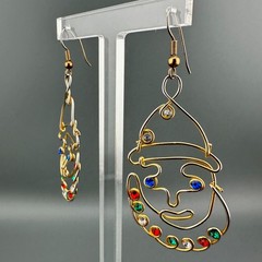 Vintage Clown Earrings Gold Tone Multicolor Rhinestone Artisan Open Wire Work