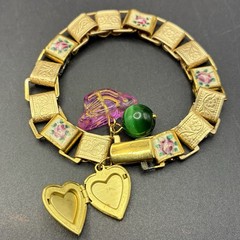 Czech Glass & Faux Opal Heart Locket, Vintage Mix Victorian Book Chain Bracelet