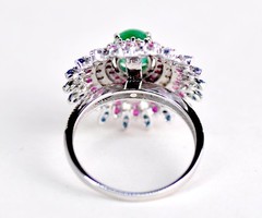 18KT WHITE GOLD COLORFUL COLOMBIAN EMERALD RUBY DIAMOND BLUE SAPPHIRE RING