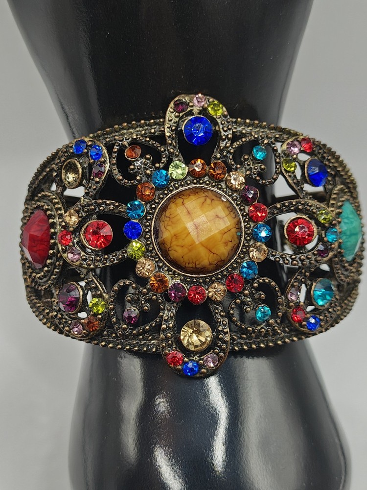 Vintage Red Blue Green Rhinestone Floral Filigree Heart Clamp Bracelet Size 6
