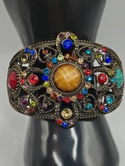 Vintage Red Blue Green Rhinestone Floral Filigree Heart Clamp Bracelet Size 6