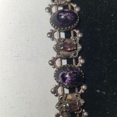 Vintage Purple Cabochon Ornate Link Bracelet Silver Tone Victorian Style 6.25 in
