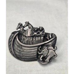 Vintage Birds & Blooms Pewter Pin Set Noahs Ark Watering Can Bird Brooches 3pc