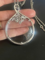 Vintage Silver Tone Magnifying Glass Necklace on 30 Inch Chain Crystal Accents