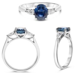 LARGE 2.13CT DIAMOND & AAA SAPPHIRE PLATINUM 3D OVAL & PEAR SHAPE 3 STONE RING