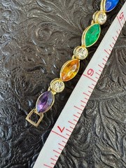 Vintage Gold Tone Rainbow Marquise Rhinestone Tennis Bracelet Purple Blue Green