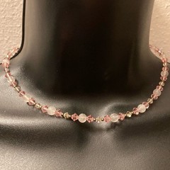 Vintage Y2K Pink Faceted Crystal Silver Beaded Choker Necklace Summer Jewelry