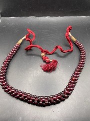 Vtg Almandine Garnet Bead Necklace Woven Rope Boho w Fabric Cord
