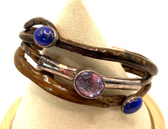 Unique Vintage OSCAR’S STERLING 950 Amethyst Lapis Lazuli Leather Cuff Bracelet