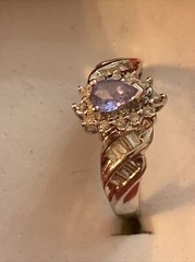 DESIGNER ADL 10K WHITE GOLD TANZANITE BAGUETTE DIAMOND CLUSTER SOLITAIRE RING