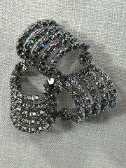 Aurora Borealis Ribbon Rhinestone Brooch Clip Earrings Set Unsigned Silver Tone