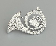 Vintage French Horn Brooch Musical Instrument Clear Rhinestones Silver Tone