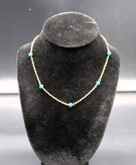 Vtg Gold Tone Chain Station Necklace w/ Blue White Swirl Bead Accents 16″