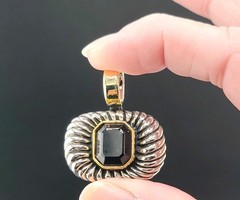 Vtg TJ Pendant Brutalist Black Rhinestone Tahoe Jewelry Medeiros 2-tone Wide