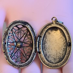 SALE Vintage Gothic Locket Pendant Red Glass Stone Spiderweb Filigree Starburst