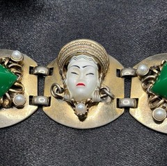 Vintage Sculpted Face Pendant Necklace & Green Stone Bracelet Set