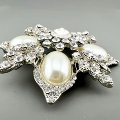 Vintage Rhinestone Brooch Pendant Domed Faux Pearl Snowflake Flower Silver Tone