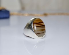 Vintage Handmade Sterling Silver Banded Agate Signed Bold Signet Ring Size 9.5