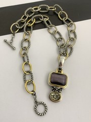 Vintage Silver and Gold Tone Cable Chunky Chain Necklace w/ Purple Stone Pendant