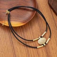 Vintage Oval Faux Leather Necklace Bracelet Set Women Gold Silver 2pc Jewelry