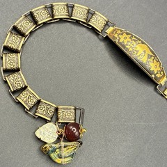 Vintage Damascene, Faux Opal Charms & Book Chain Links Bracelet Integrated w New
