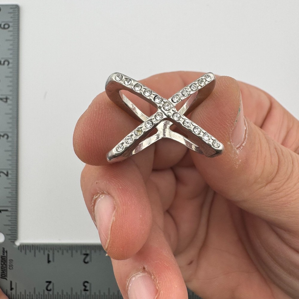 Vintage Silver Tone Clear Rhinestone X Scarf Ring Slide