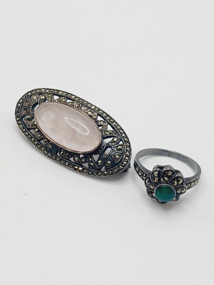 VTG AS IS Sterling Silver Marcasite Brooch Rose Quartz Deco Style Pin Ring lot
