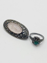 VTG AS IS Sterling Silver Marcasite Brooch Rose Quartz Deco Style Pin Ring lot
