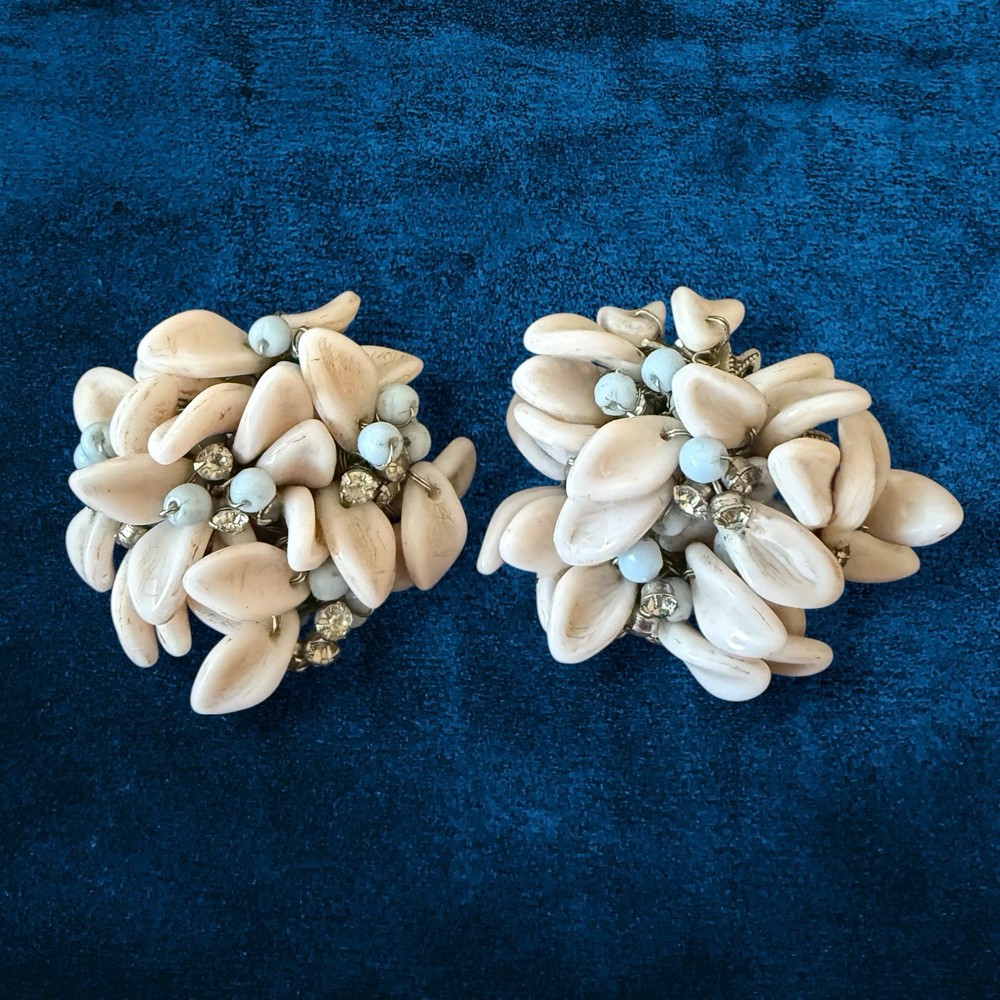 Large Clip On Earrings Lucite Cluster Cream Blue Rhinestone Statement 1950s