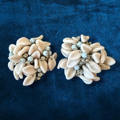 Large Clip On Earrings Lucite Cluster Cream Blue Rhinestone Statement 1950s